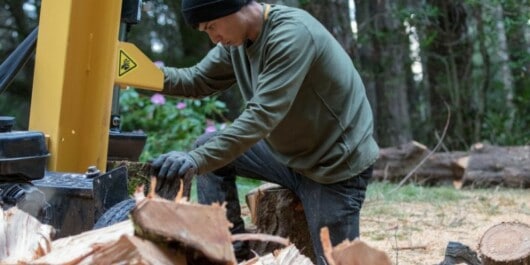 person splitting wood using a log splitter