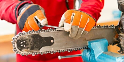 professional chainsaw sharpener sharpening a chain