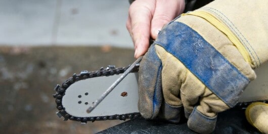 How to Sharpen Chainsaw with File 2 A focus photo of a person's hand sharpening a chainsaw chain with a file