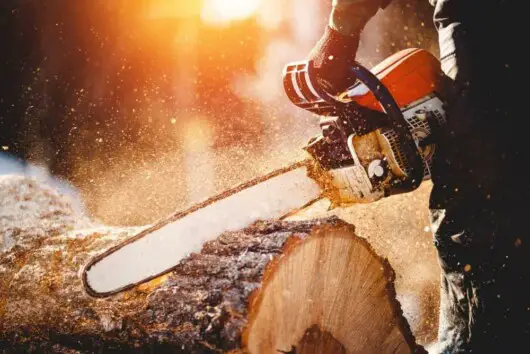 man cutting logs using a chainsaw
