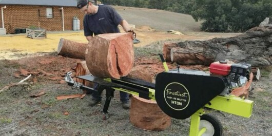 professional man splitting logs using log splitter