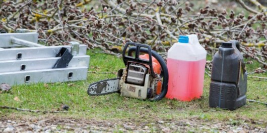 A ladder, chainsaw gas and oils laid on grass